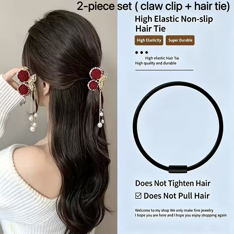 Rose Alloy Claw Clip Hair Tie 2pcs Set