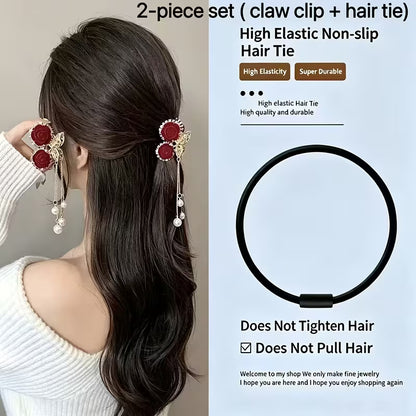 Rose Alloy Claw Clip Hair Tie 2pcs Set