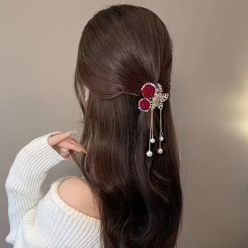 Rose Alloy Claw Clip Hair Tie 2pcs Set