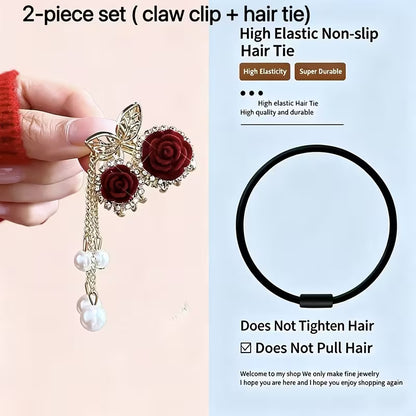 Rose Alloy Claw Clip Hair Tie 2pcs Set
